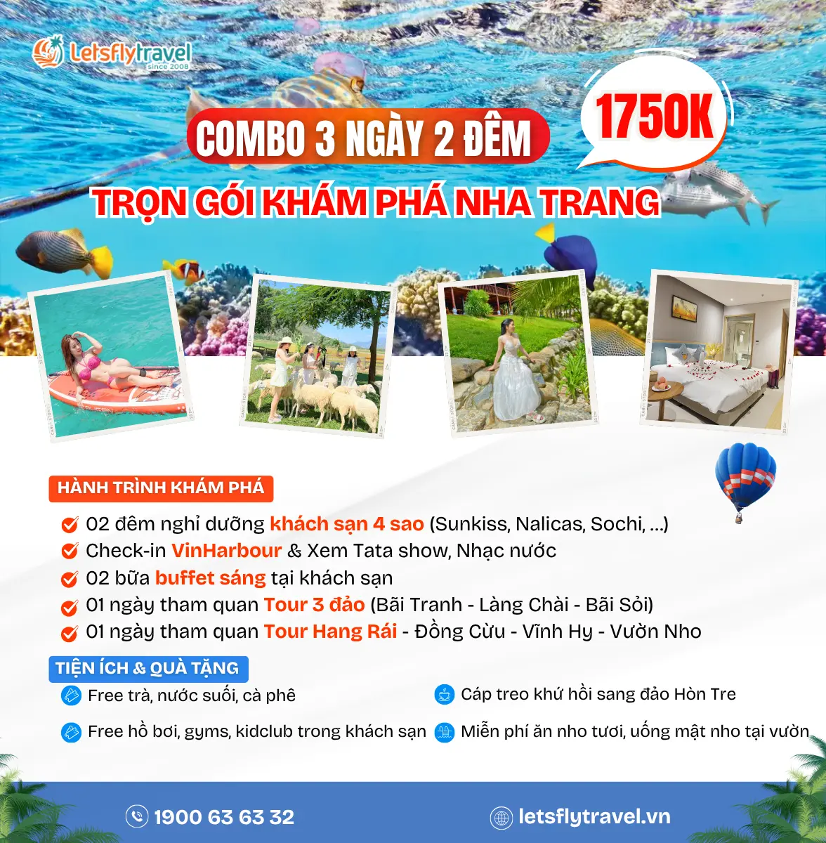 Combo Nha Trang 3 ngày 2 đêm khách sạn 4 sao – 3 đảo – Hang Rái