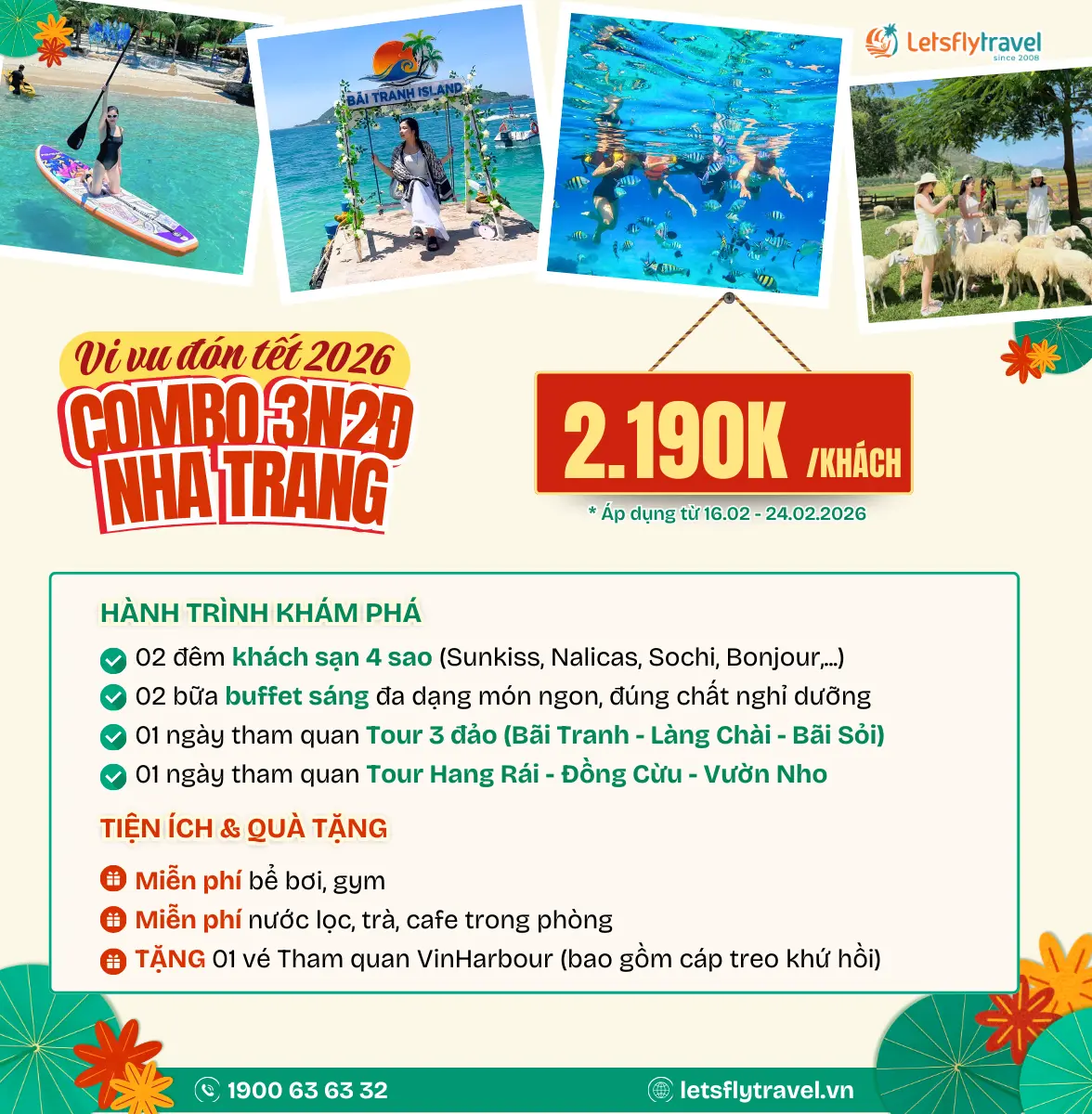 Combo Nha Trang 3 ngày 2 đêm khách sạn 4 sao – 3 đảo – Hang Rái