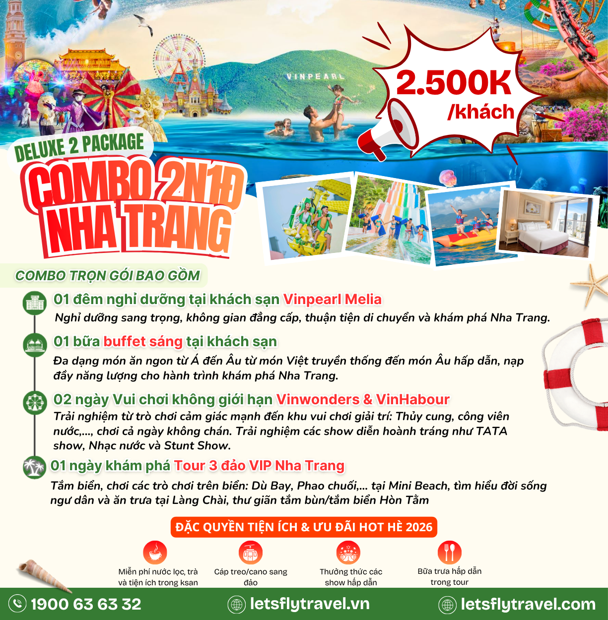 Combo Nha Trang 2 ngày 1 đêm khách sạn 5 sao – Vinwonders – Tour 3 đảo