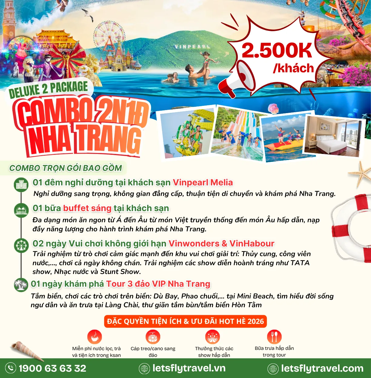 Combo Nha Trang 2 ngày 1 đêm khách sạn 5 sao – Vinwonders – Tour 3 đảo