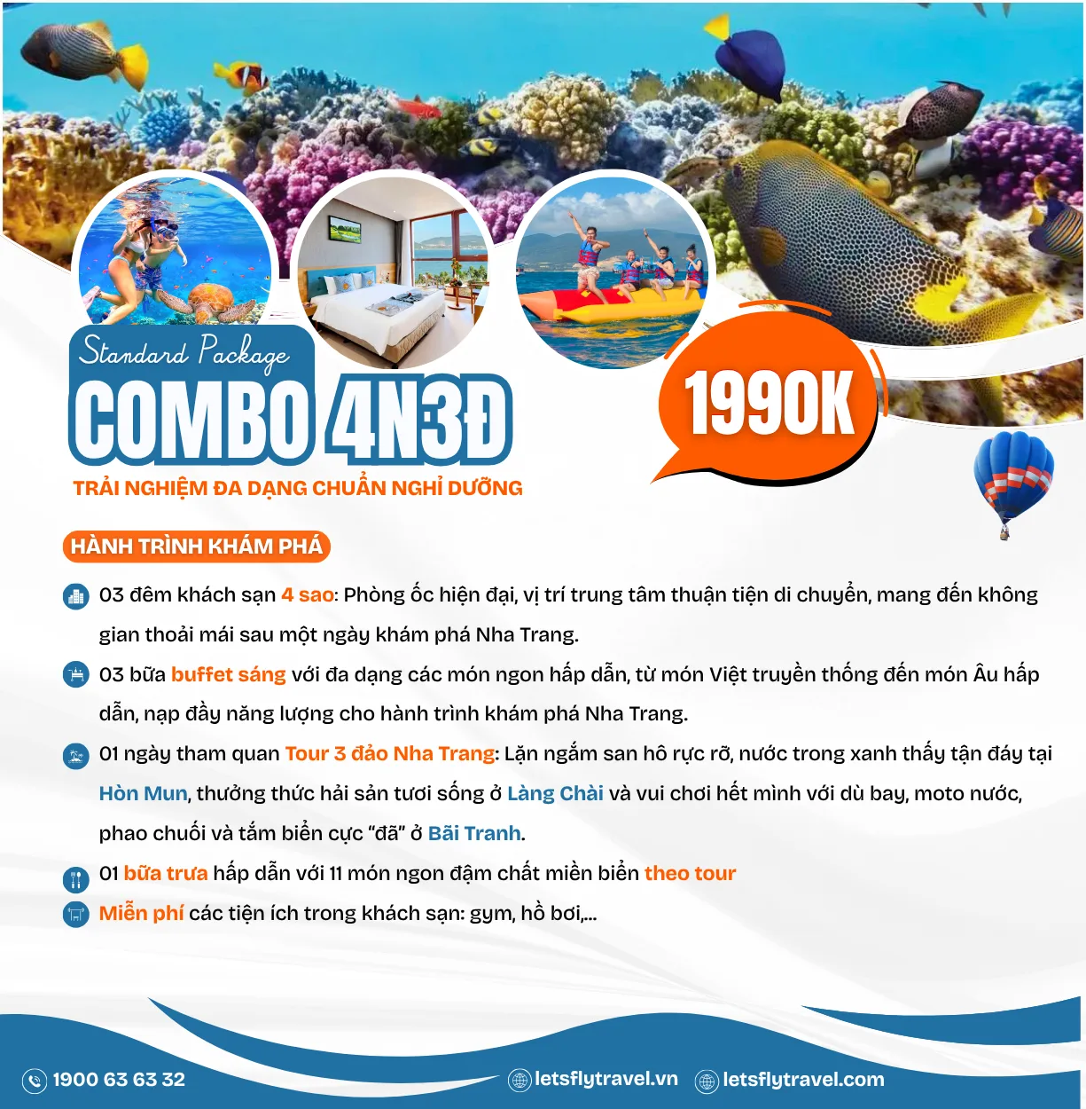Combo Nha Trang 4 ngày 3 đêm – Nghỉ 4 sao, Tour 3 đảo